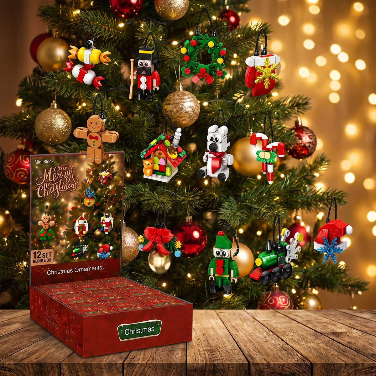 12-Day Christmas Mini Ornament Advent Calendar, Brick Blind Box Set in Red or Pink