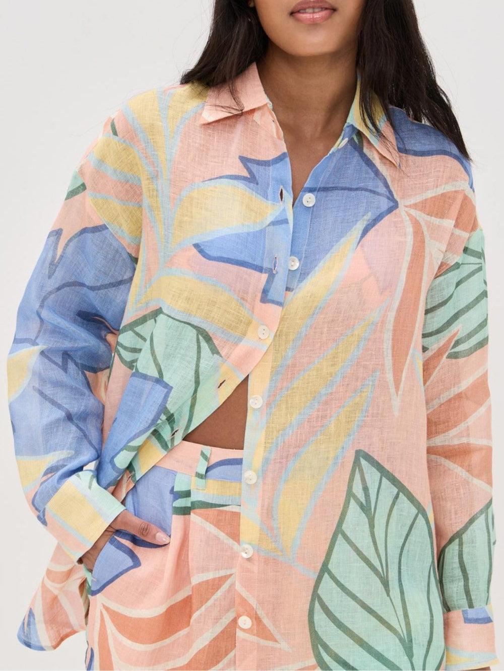 Image of Anna | Women's Button-Down Tropical Print Shorts Set