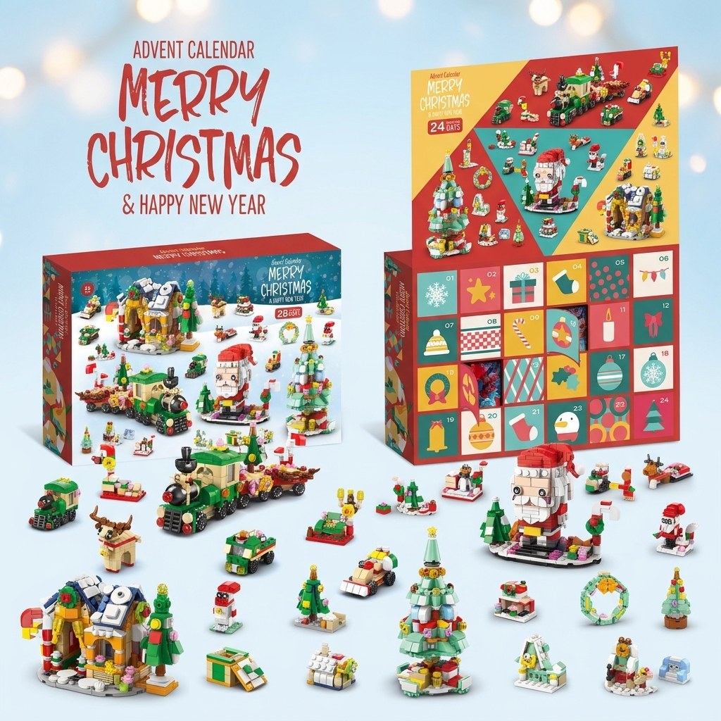 Christmas Village Brick Advent Calendar, 28 Builds 6-in-1, Nutcracker, Sleigh or Tree Set