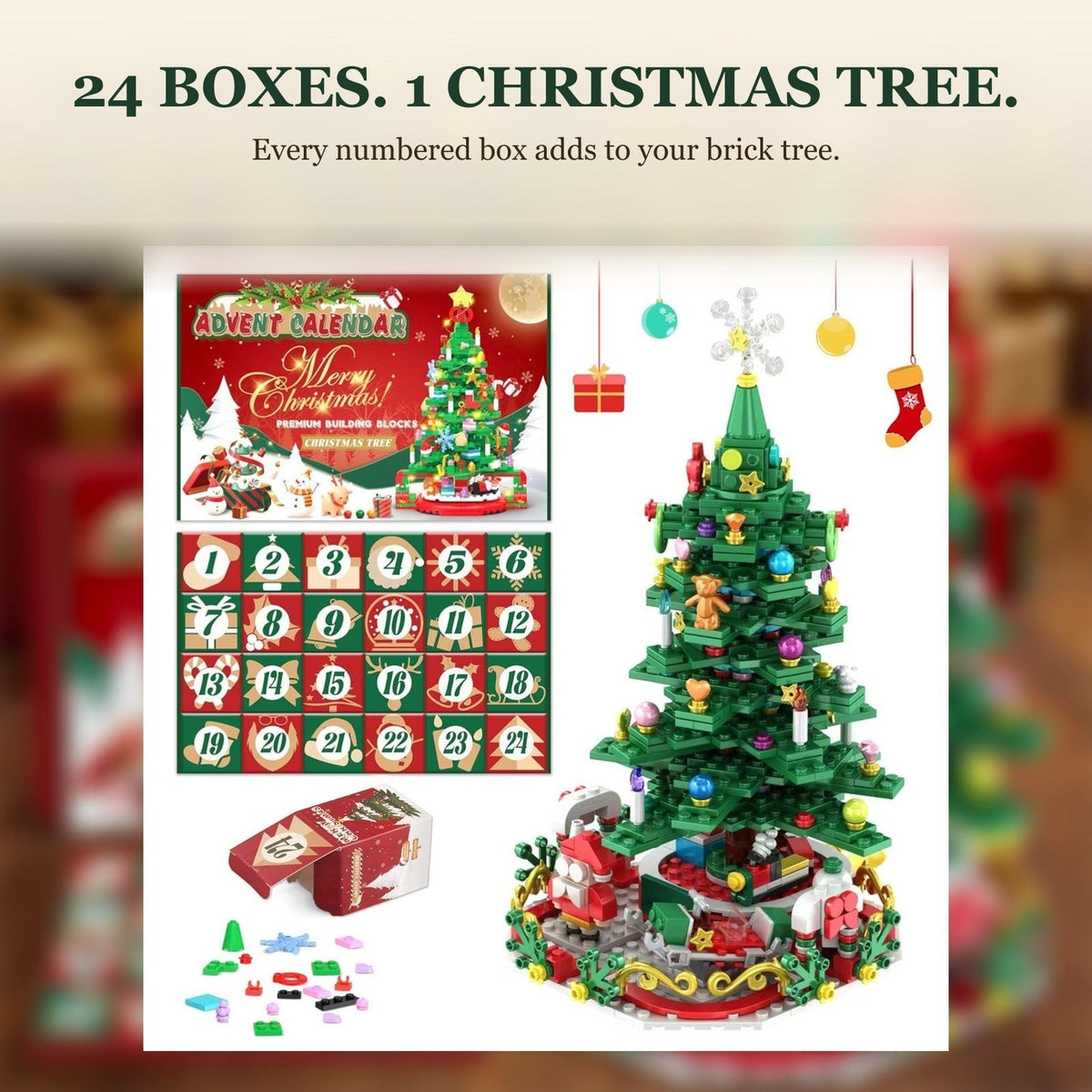 Christmas Tree Brick Advent Calendar, 24 Boxes Build One Big Tree, String Lights Included