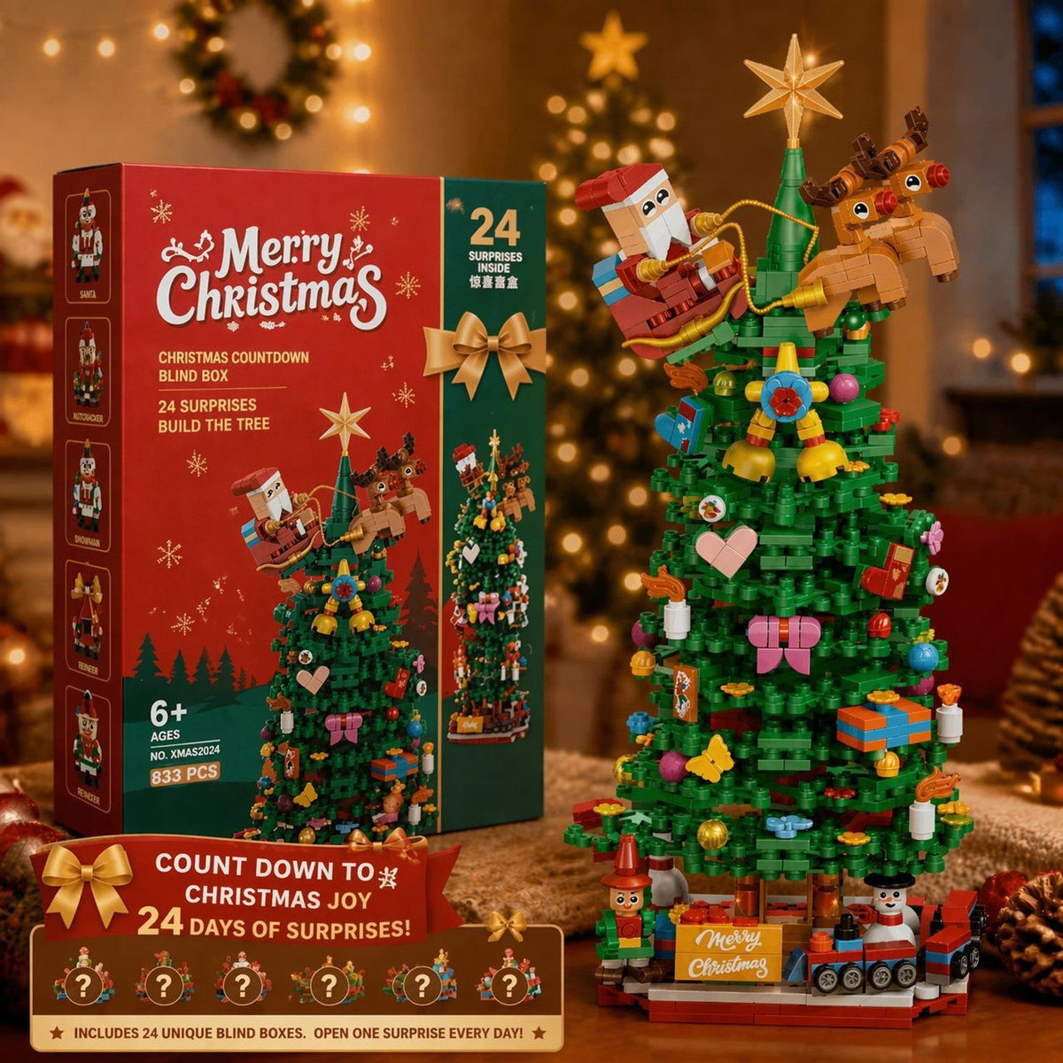 Christmas Tree Brick Advent Calendar, 833 Pieces in 24 Surprise Boxes