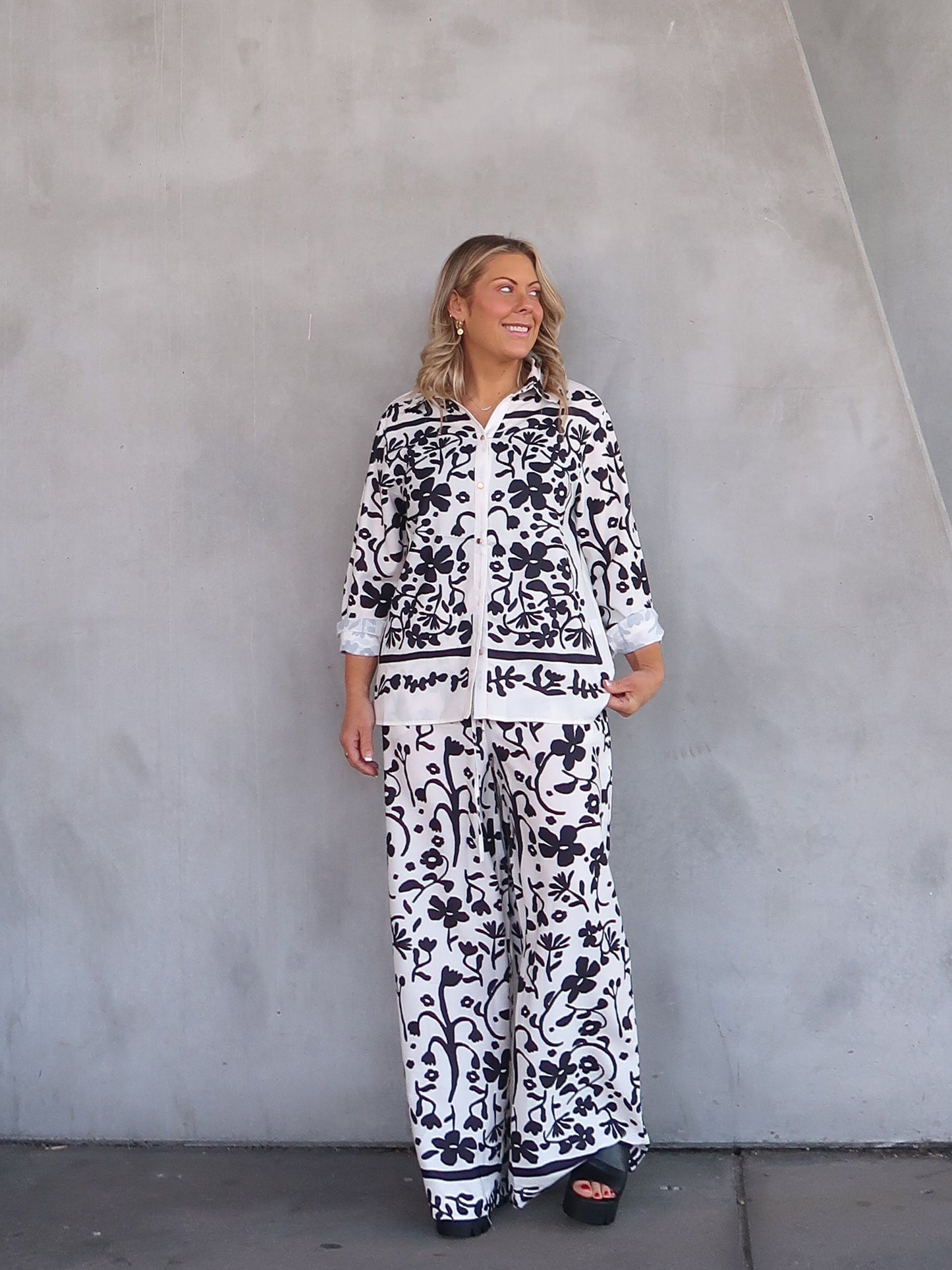 Image of Esther | Women's High Waisted Floral Print Wide Leg Pants