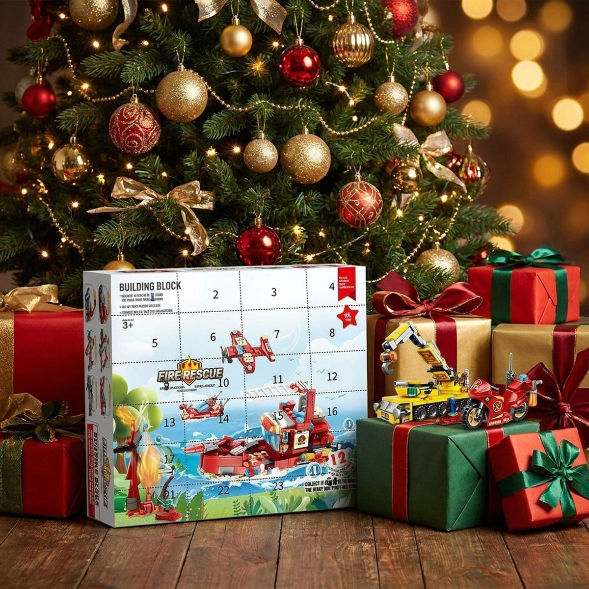 Fire Rescue and Construction Advent Calendar, Mini Brick Vehicles plus Crane and Rescue Boat