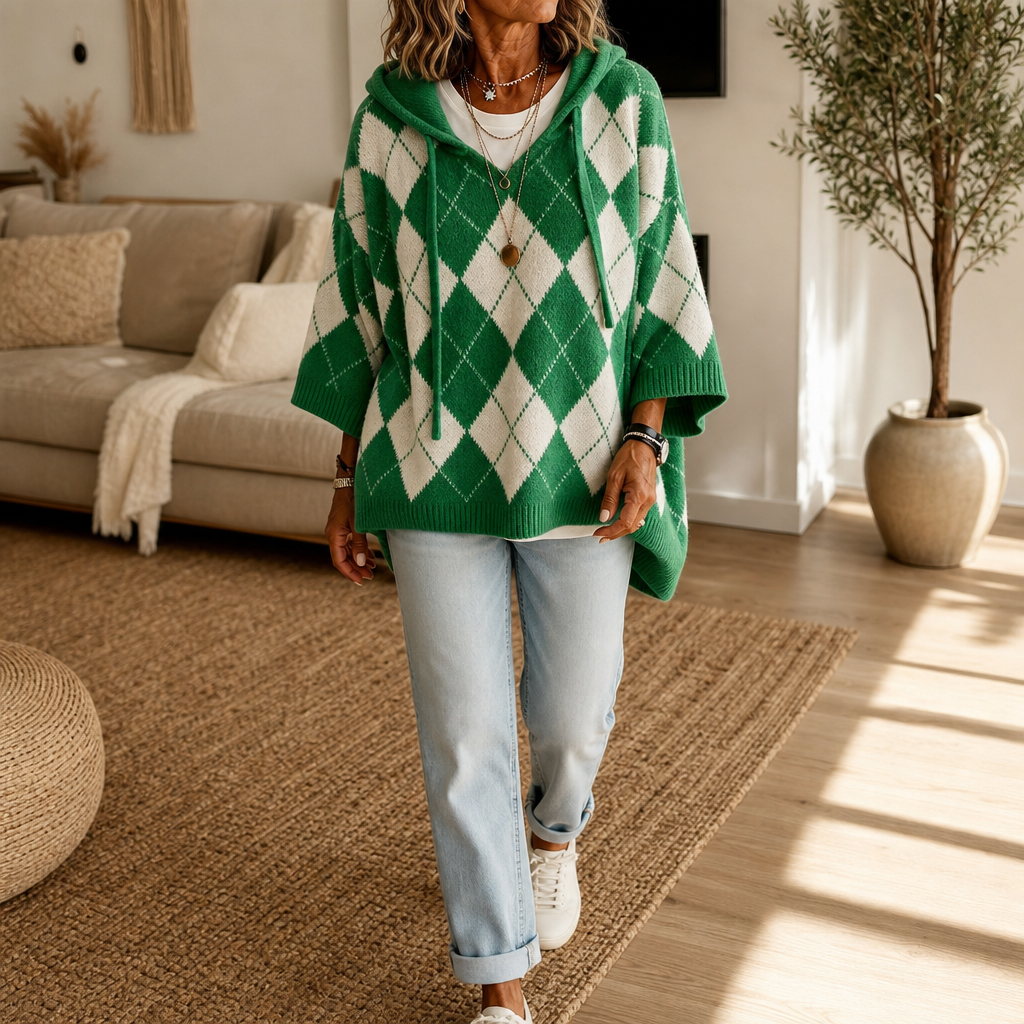 Hooded Argyle Batwing Poncho Sweater