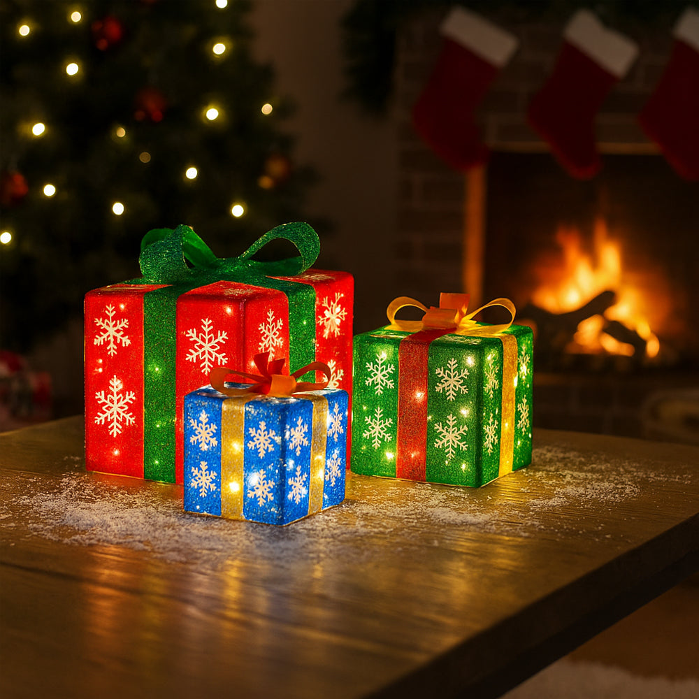LED Light-Up Gift Boxes, Multicoloured - Set of 3 - Red, Green & Blue