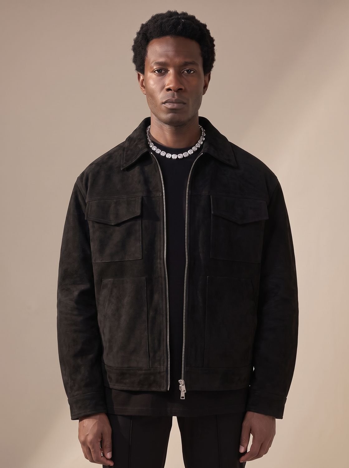 Men's Full-Zip Suede Trucker Jacket with Shirt Collar