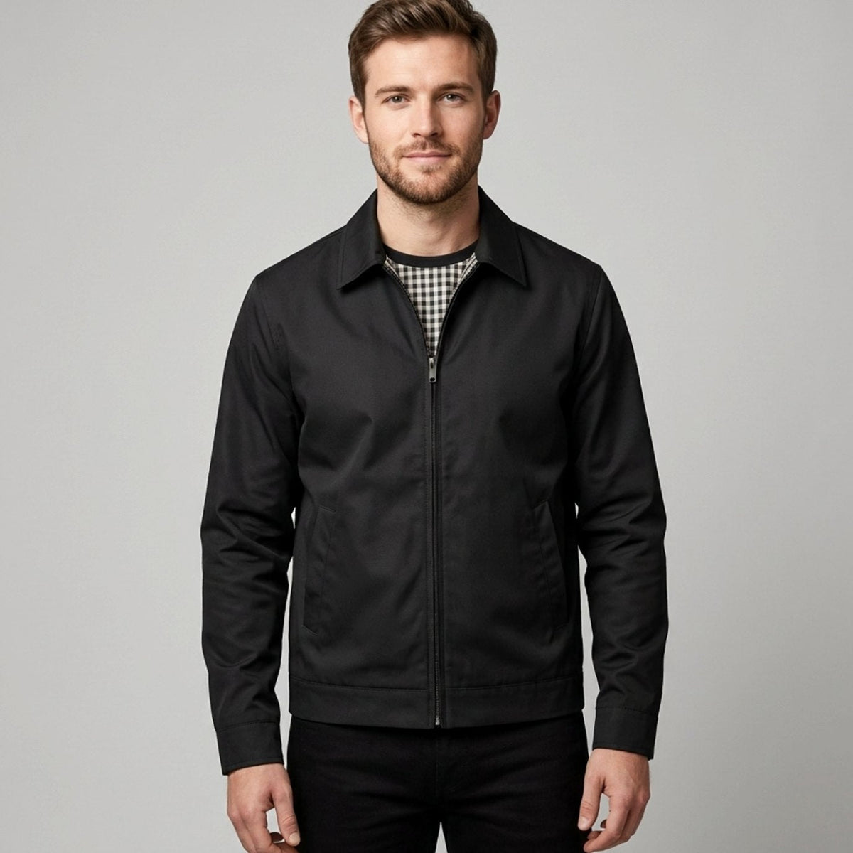 Men's Harrington Bomber Jacket with Checked Lining and Shirt Collar