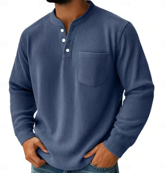 Men's Thermal Waffle Knit Henley Shirt with Stand-Up Collar and Chest Pocket