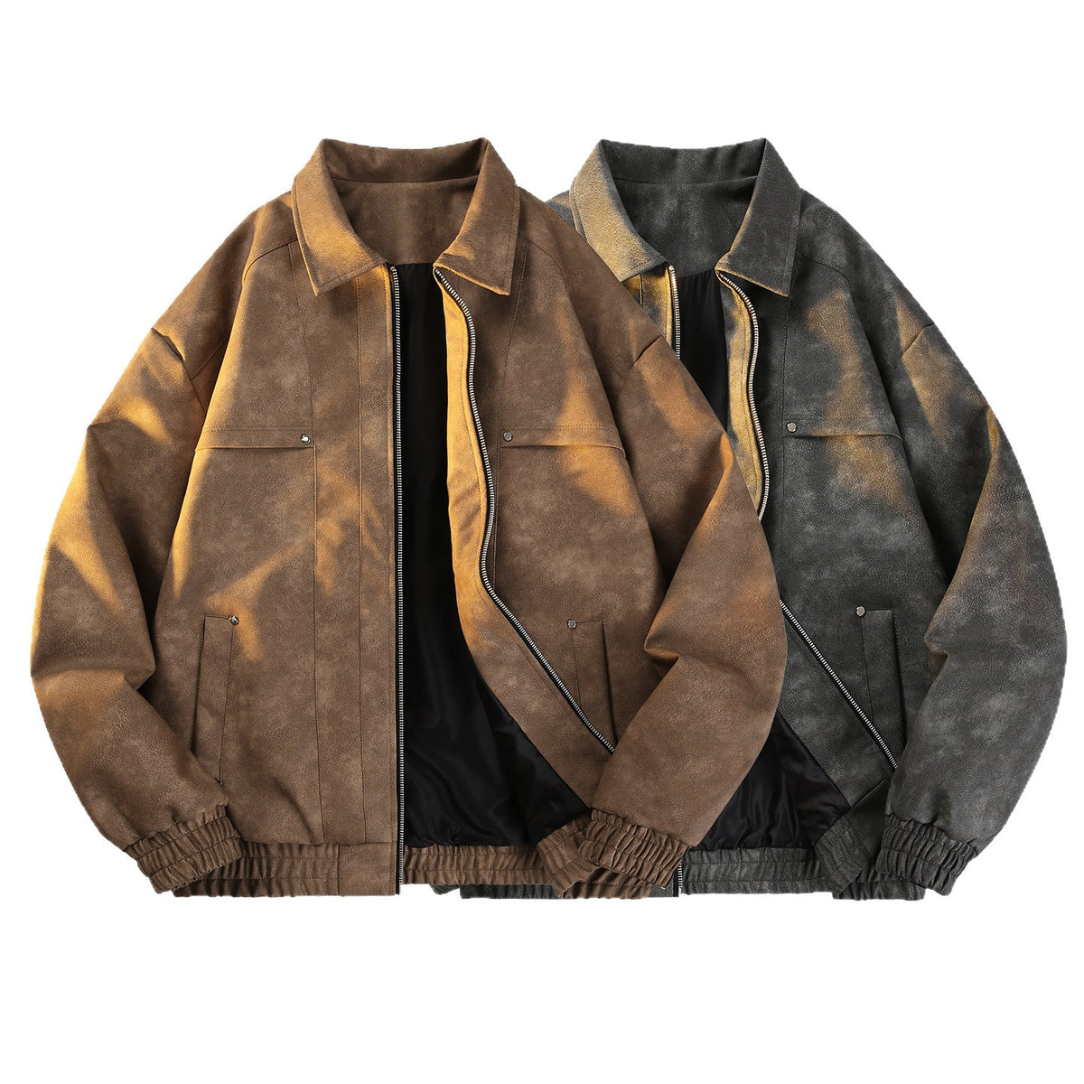 Men's Vintage-Inspired Velour-Look Transitional Jacket with Two-Way Zipper, Elastic Hem & Flap Pockets