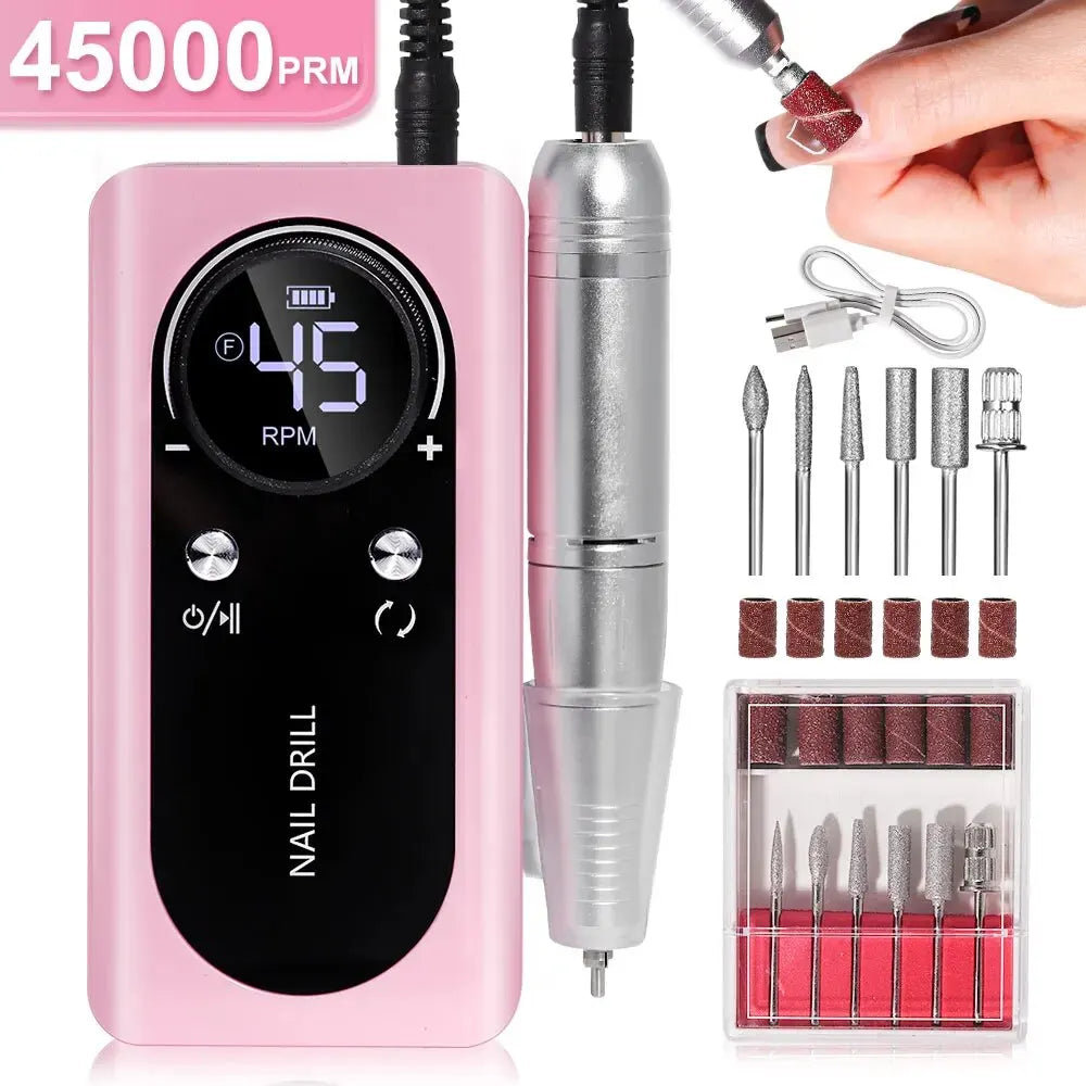 PROFESSIONAL 45000RPM PORTABLE ELECTRIC NAIL FILE WITH RECHARGEABLE BATTERY | LOW NOISE LEVEL FOR MANICURE