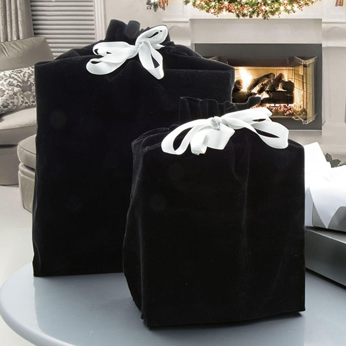 Reusable Black Velvet Drawstring Gift Bag with Satin Ribbon Bow