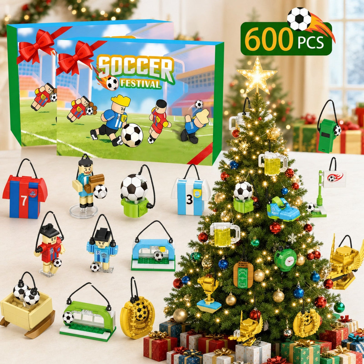 Soccer Advent Calendar, 600-Piece Brick Builds with Players, Jerseys and Trophies