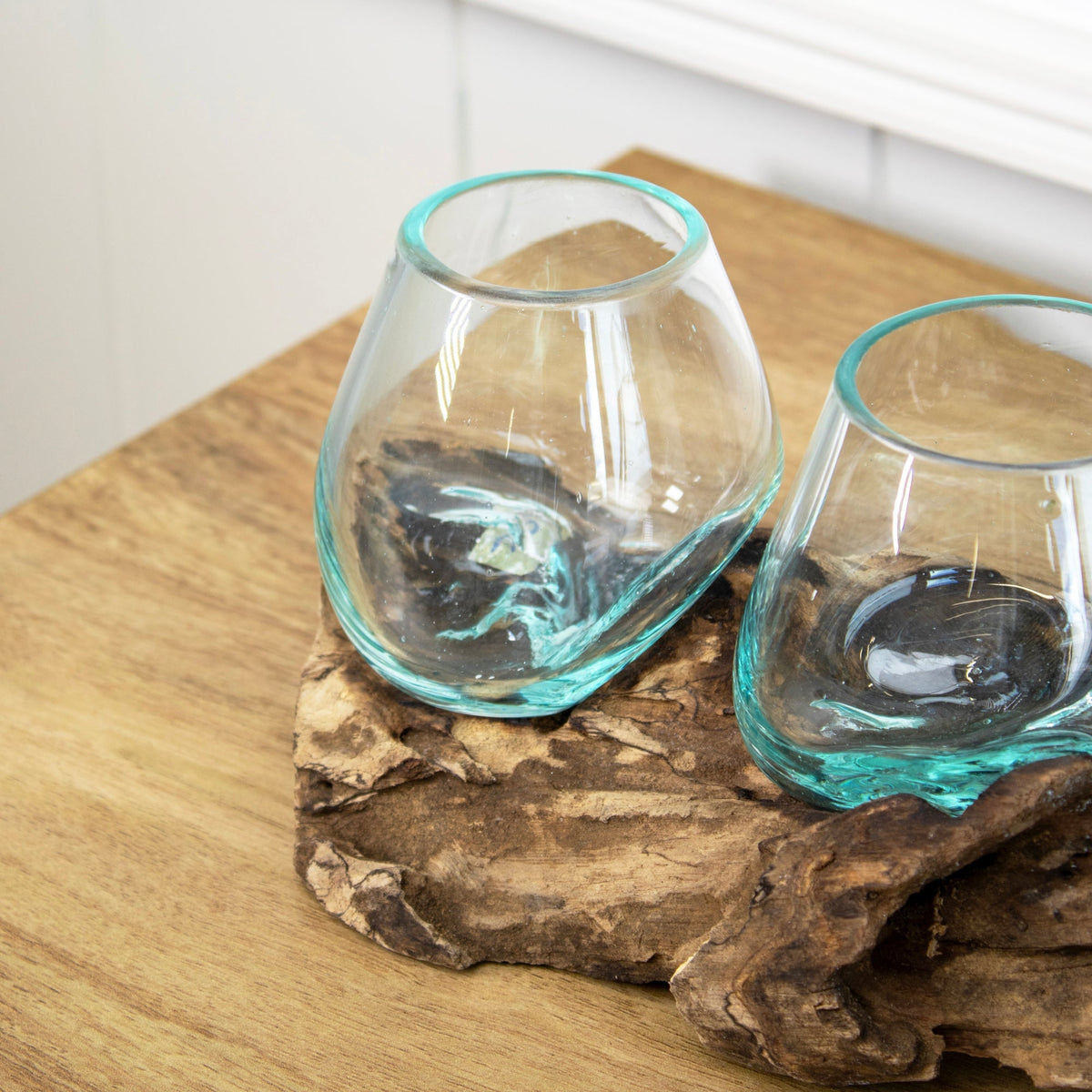 Teak Root with Double Mini Blown Glass Bowl