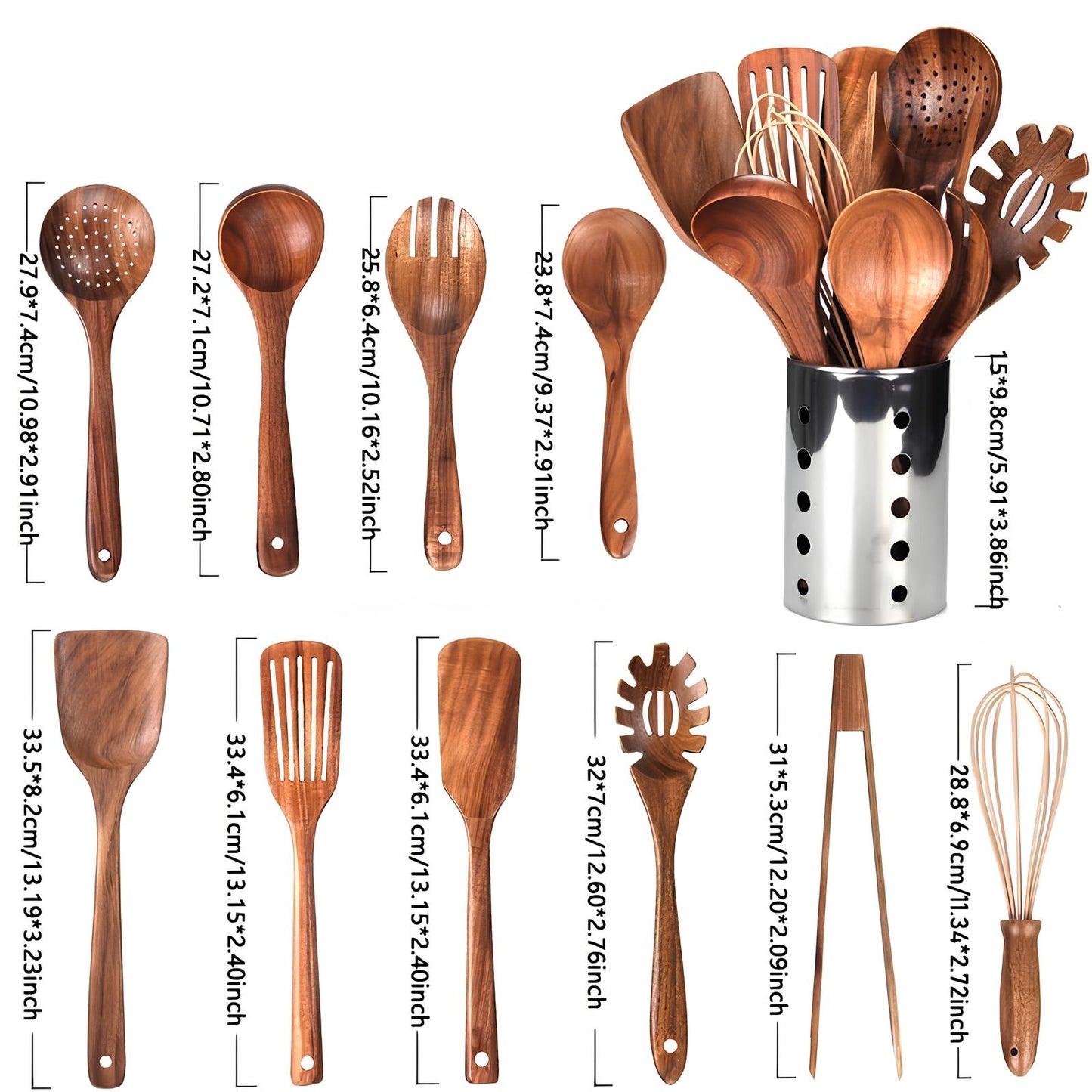 Wearclo | 11-Piece Teak Kitchen Tool Set | With Holder | Natural Wood
