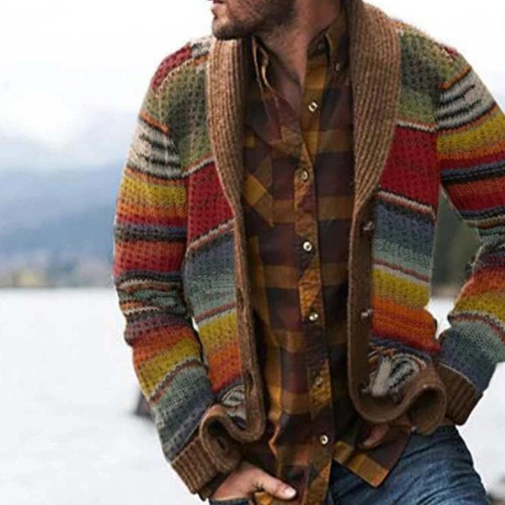 Wearclo | Men's Knit Cardigan with Shawl Collar and Multicolor Stripes