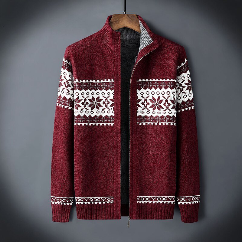 Wearclo | Men's Knitted Zip-Up Fleece Lined Cardigan With Snowflake Pattern