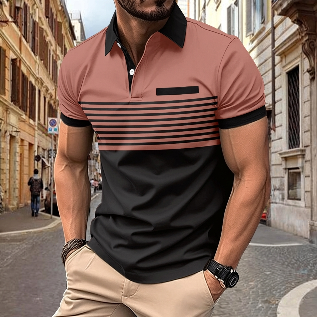 Wearclo | Men's Striped Polo Shirt with Colorblock Detail