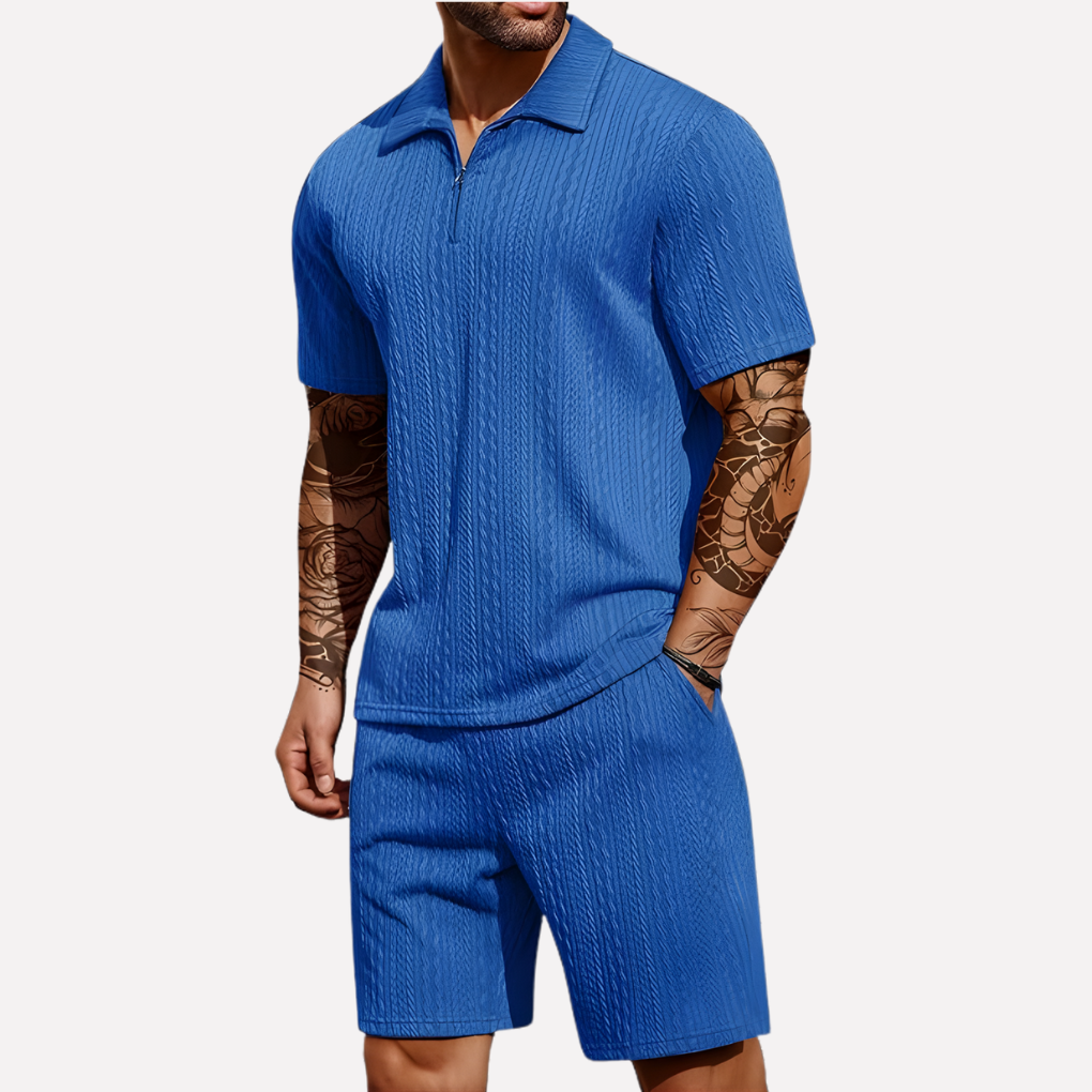 Wearclo | Men's Textured Polo Shirt & Shorts Set
