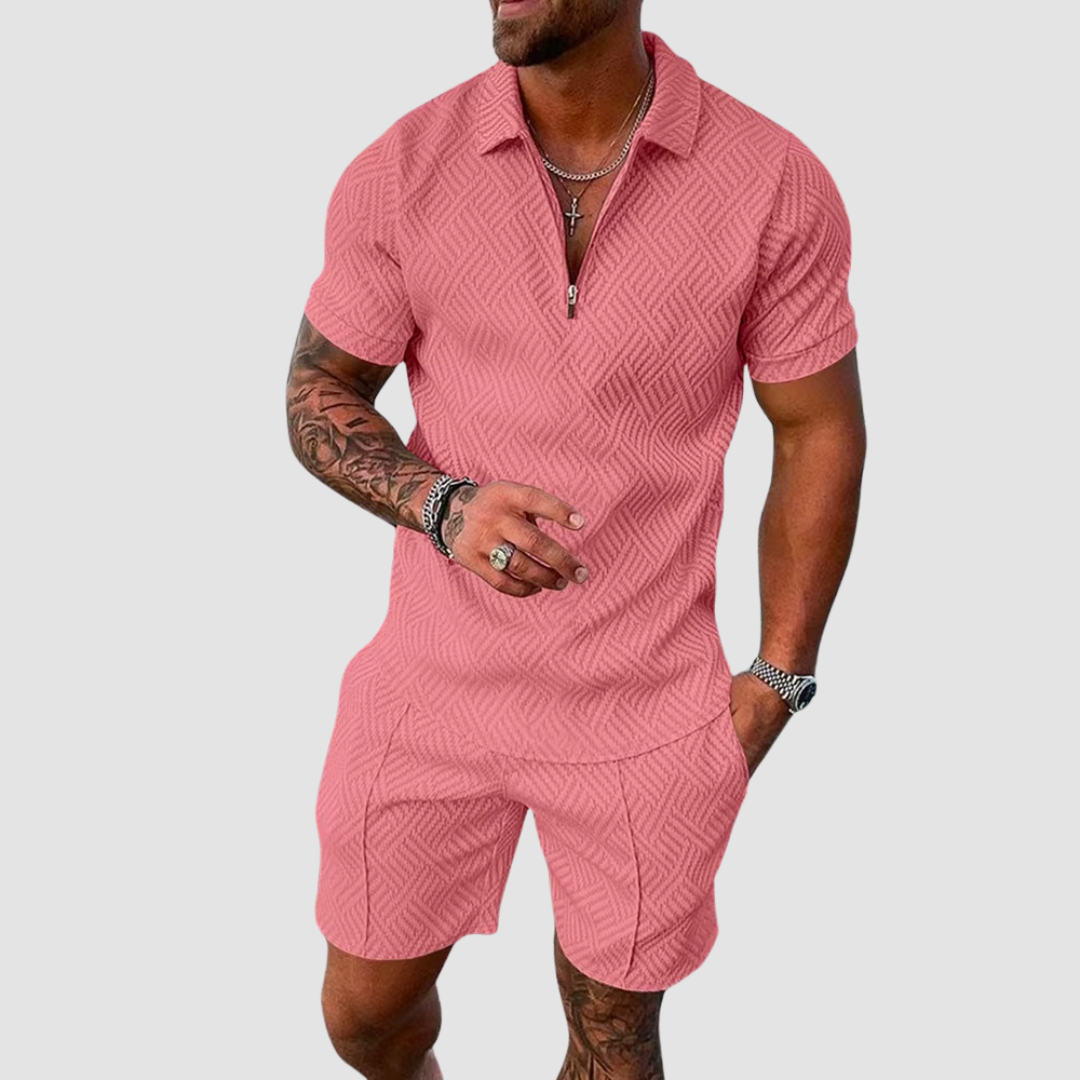 Wearclo | Men's Zip Polo Shirt & Shorts Set Textured