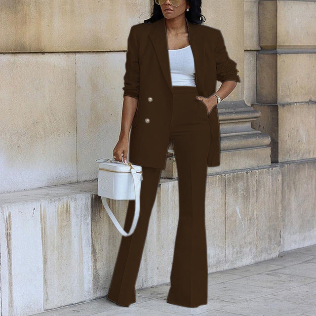 Wearclo | Women's Double-Breasted Blazer & Flared Trouser Set