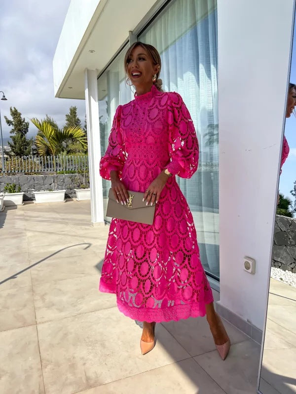 Wearclo | Women's Lace Midi Dress with High Neck