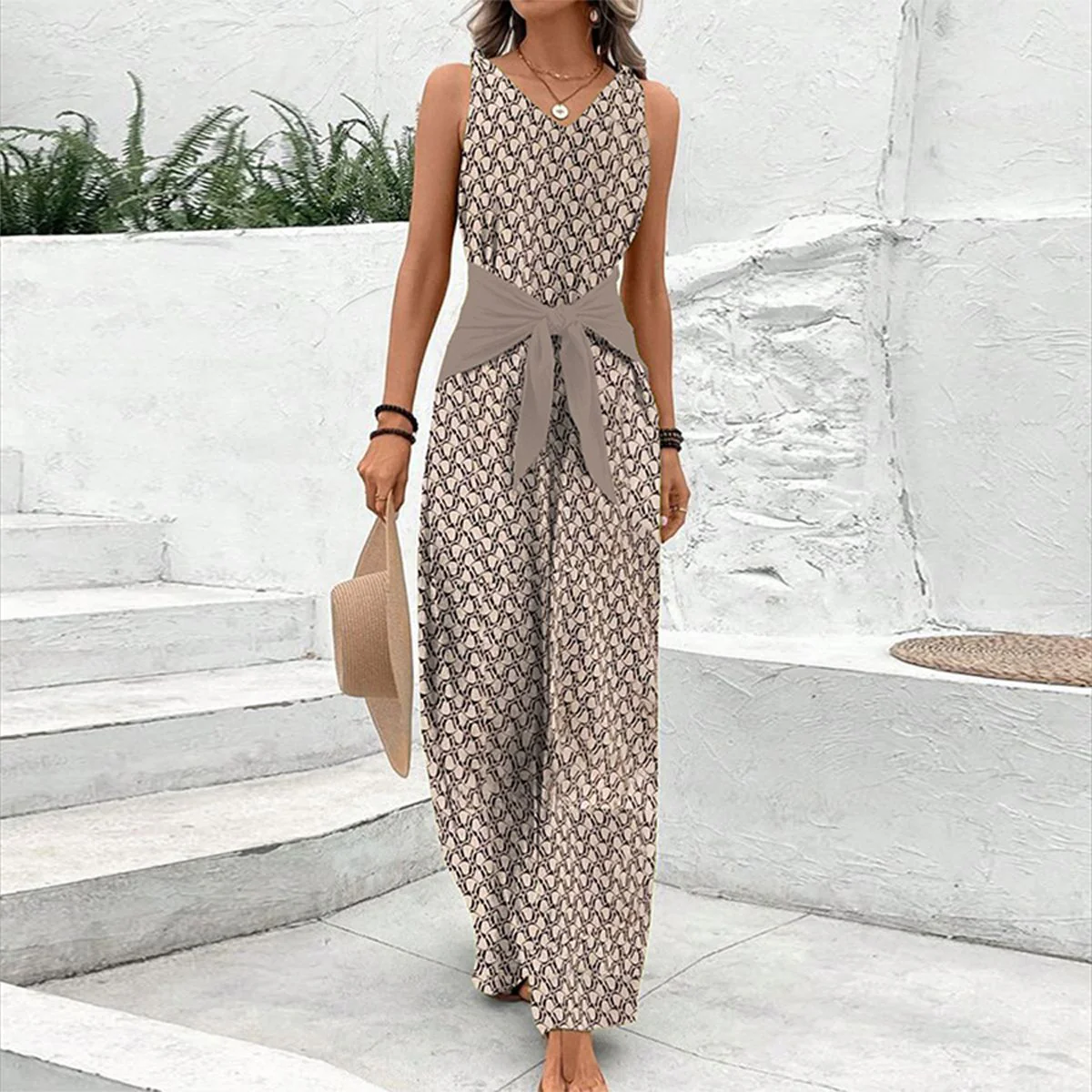 Wearclo | Women's Sleeveless Wide-Leg Jumpsuit with Tie Waist