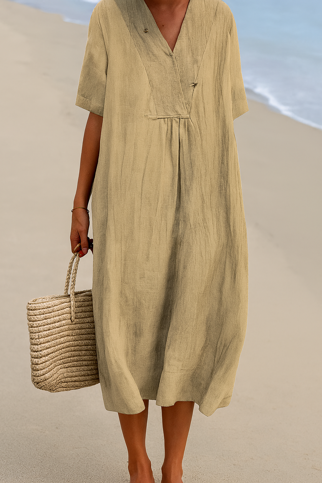 Wearclo | Women's V-Neck Midi Sundress with Pleated Front