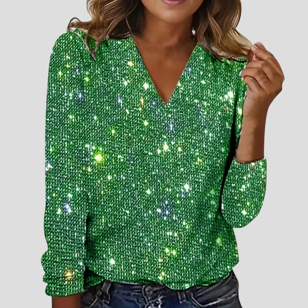 Wearclo | Women's V-Neck Sequin Long Sleeve Blouse