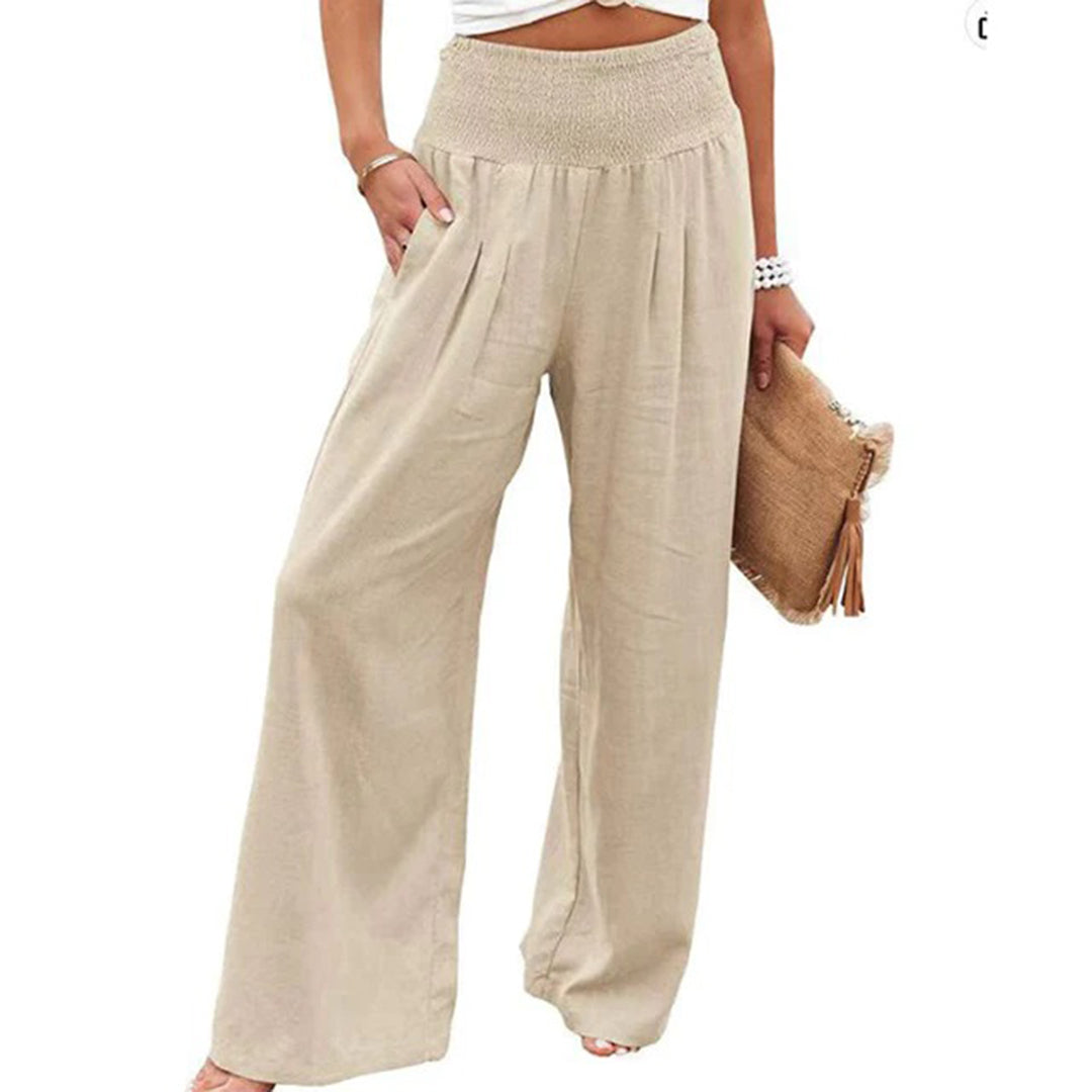 Wearclo | Women's Wide Leg Linen Summer Pants with Smocked Waist