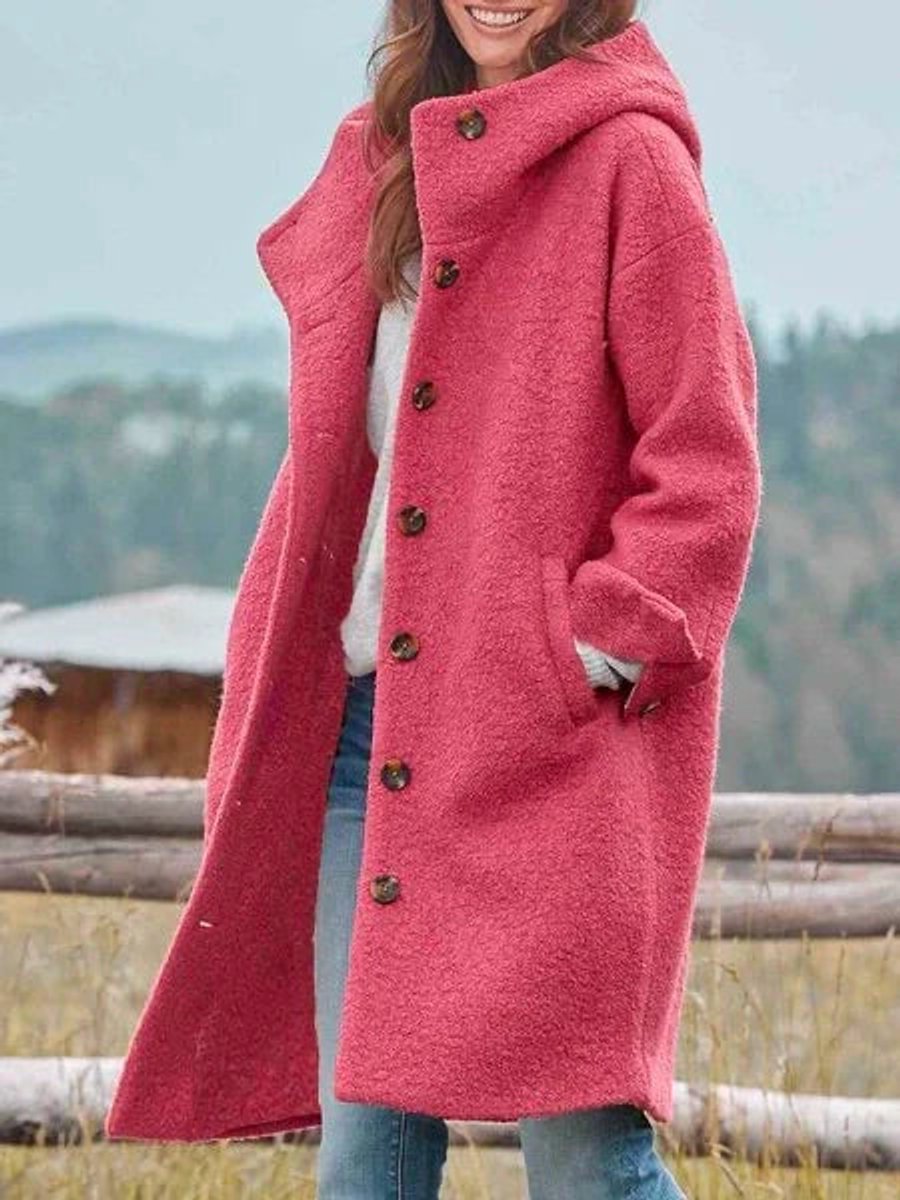Women's Casual Hooded Fleece Button-Front Long Coat
