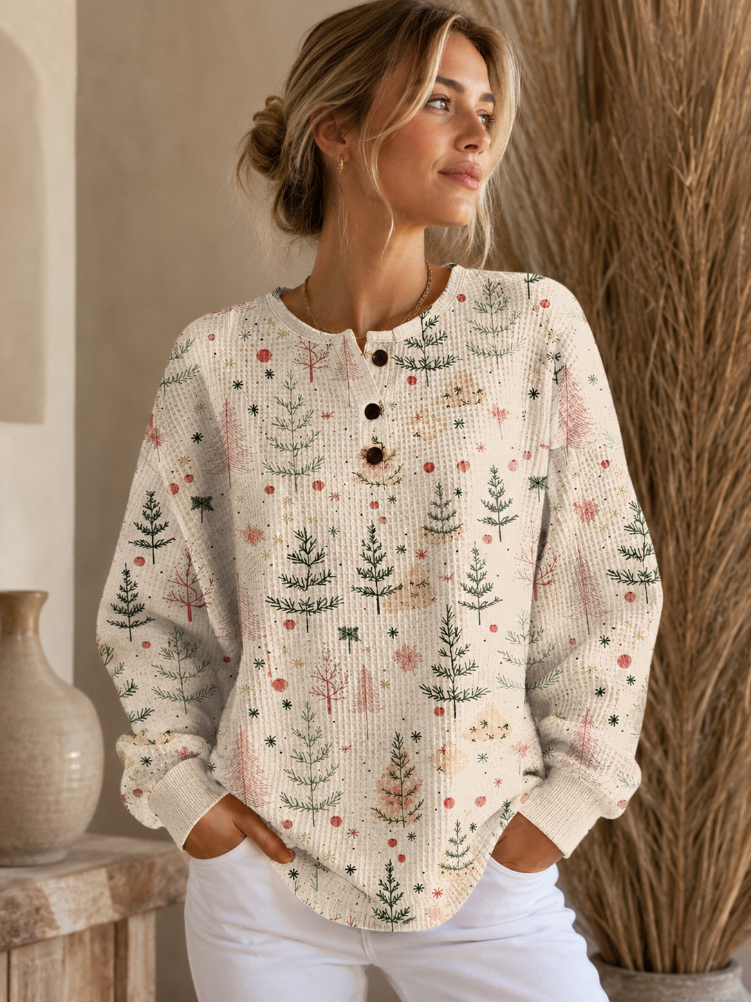 Women's Christmas Tree Print Button-Front Ribbed Knit Sweater