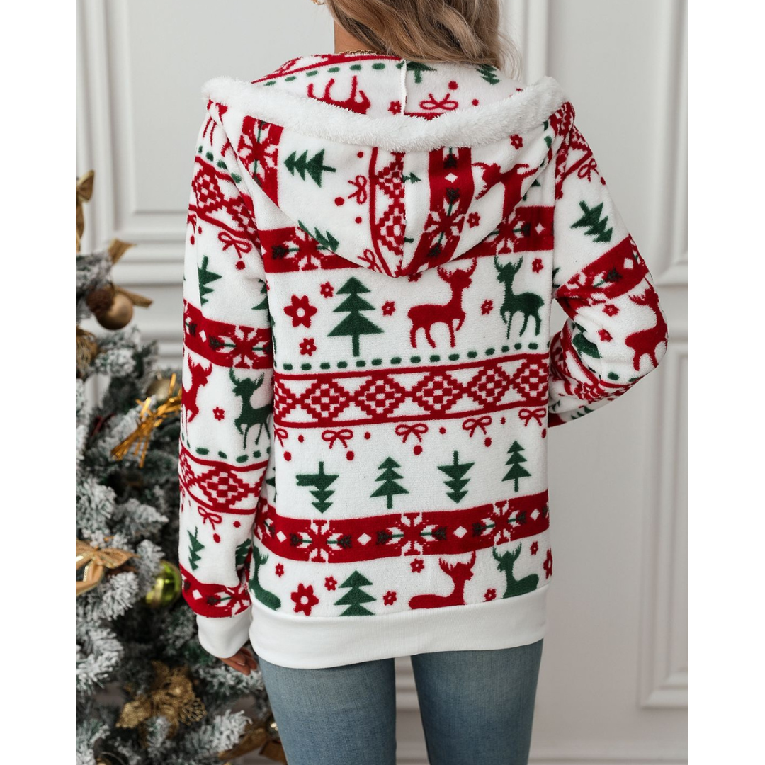 Women's Christmas Zip-Up Hoodie Jacket with Festive Winter Print