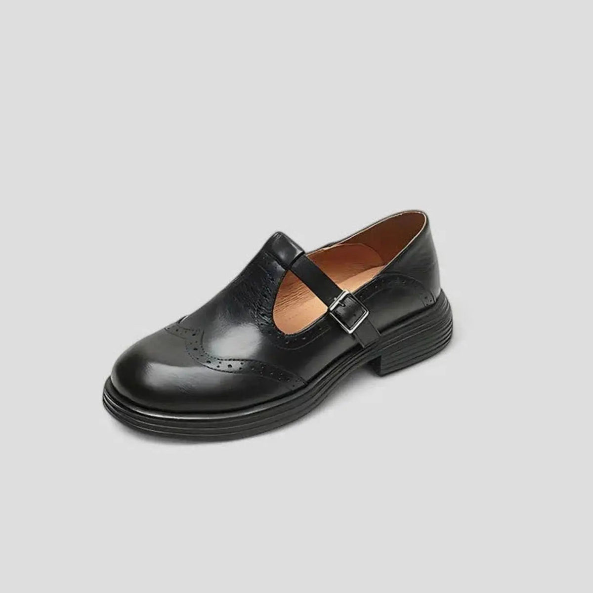 Women's Classic Brogue Leather T-Bar Flat Mary Jane Shoes