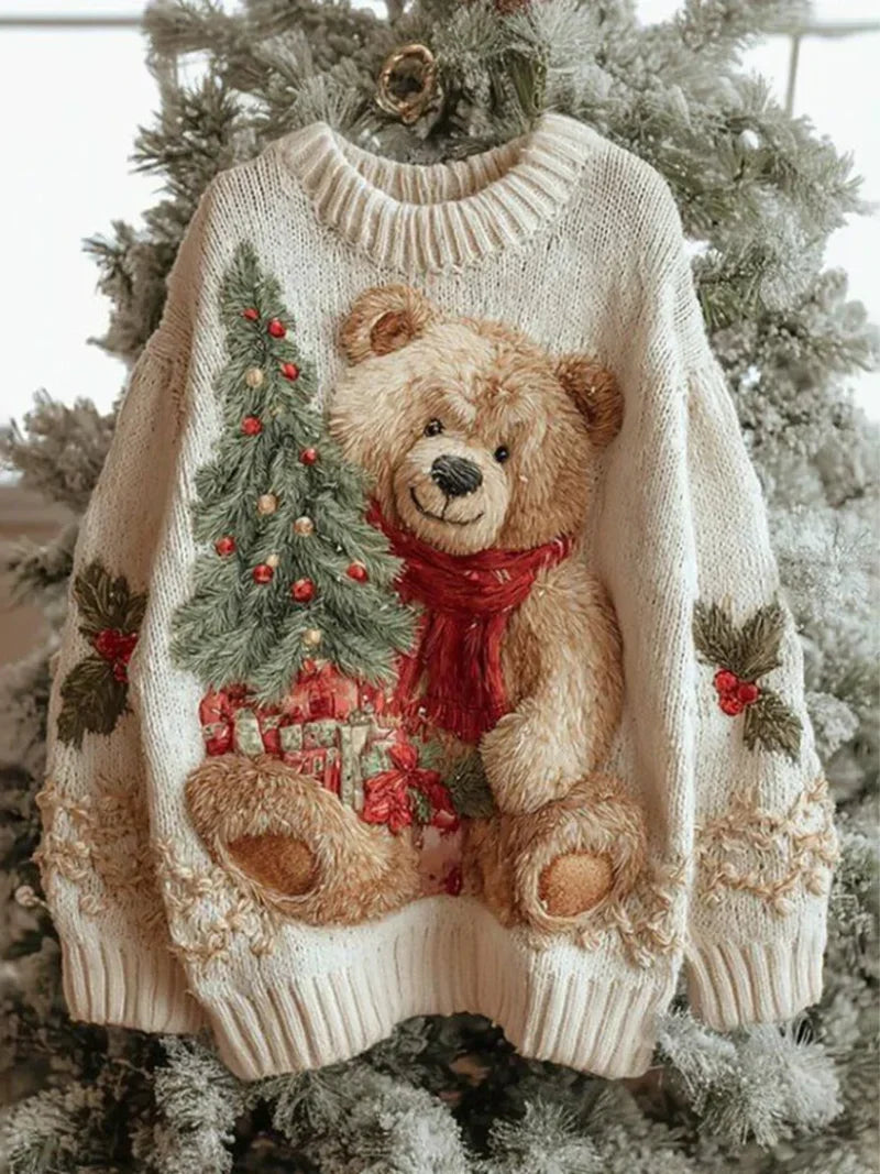 Women's Fair Isle Bear Holiday Knit Wool Sweater