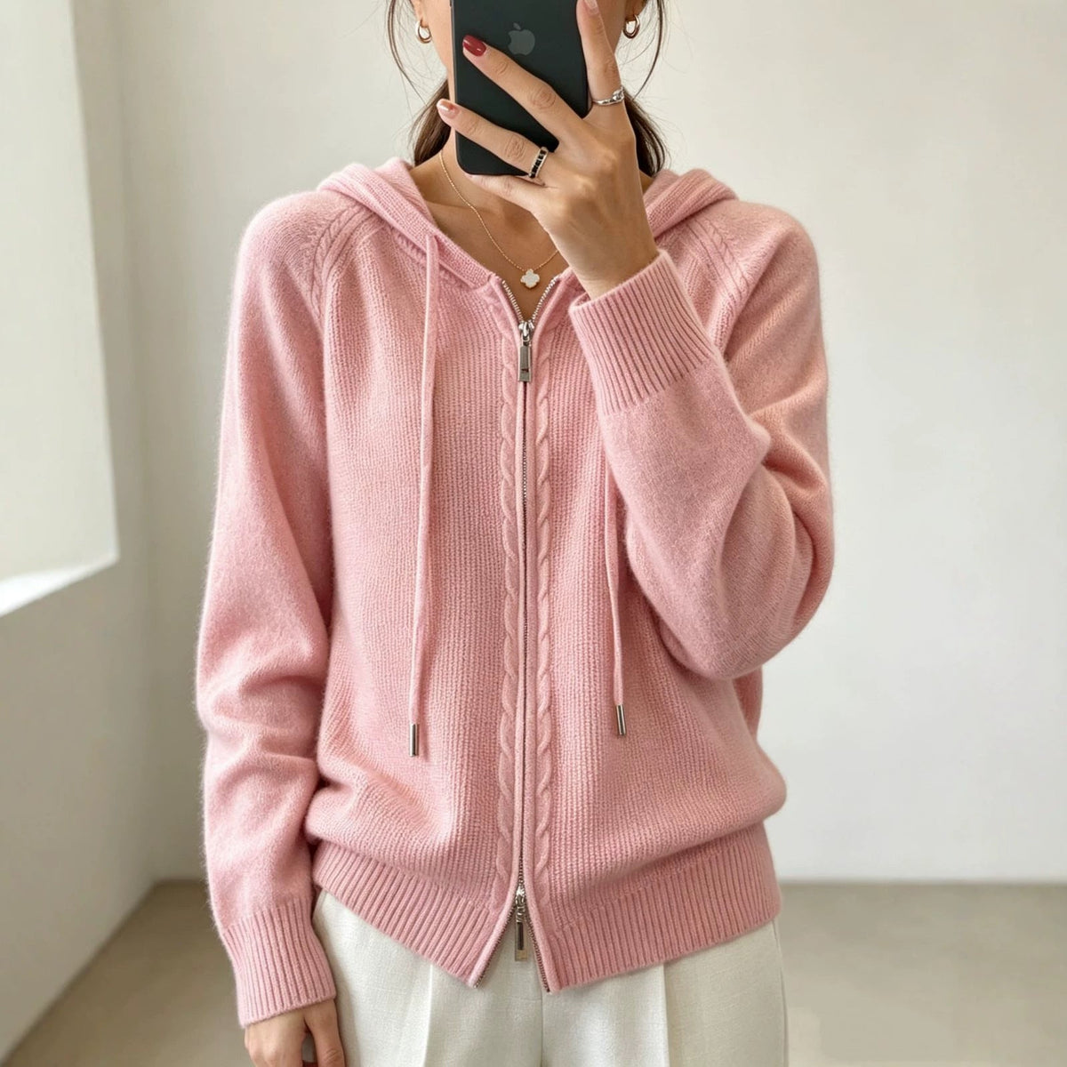 Women's Fine-Knit Zip-Up Hooded Cardigan with Ribbed Cuffs