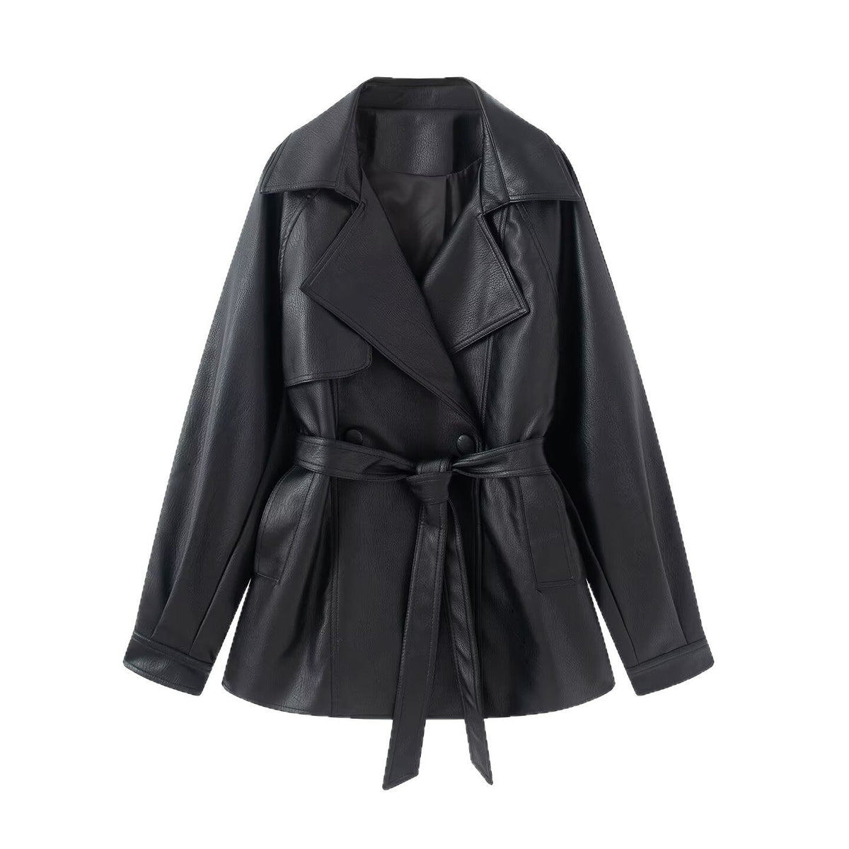 Women's Fitted Faux-Leather Trench Coat with Wide Lapels and Tie Belt