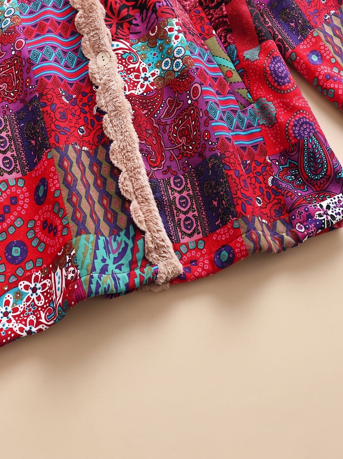 Women's Fleece-Lined Hooded Boho Patchwork Jacket