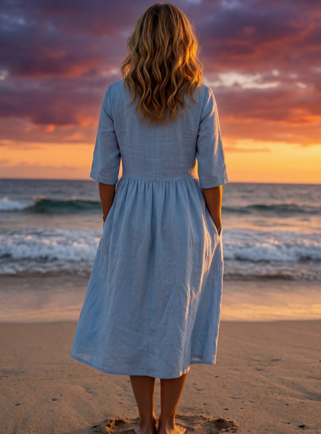 Women's Linen Midi Dress with Round Neck and Half Sleeves