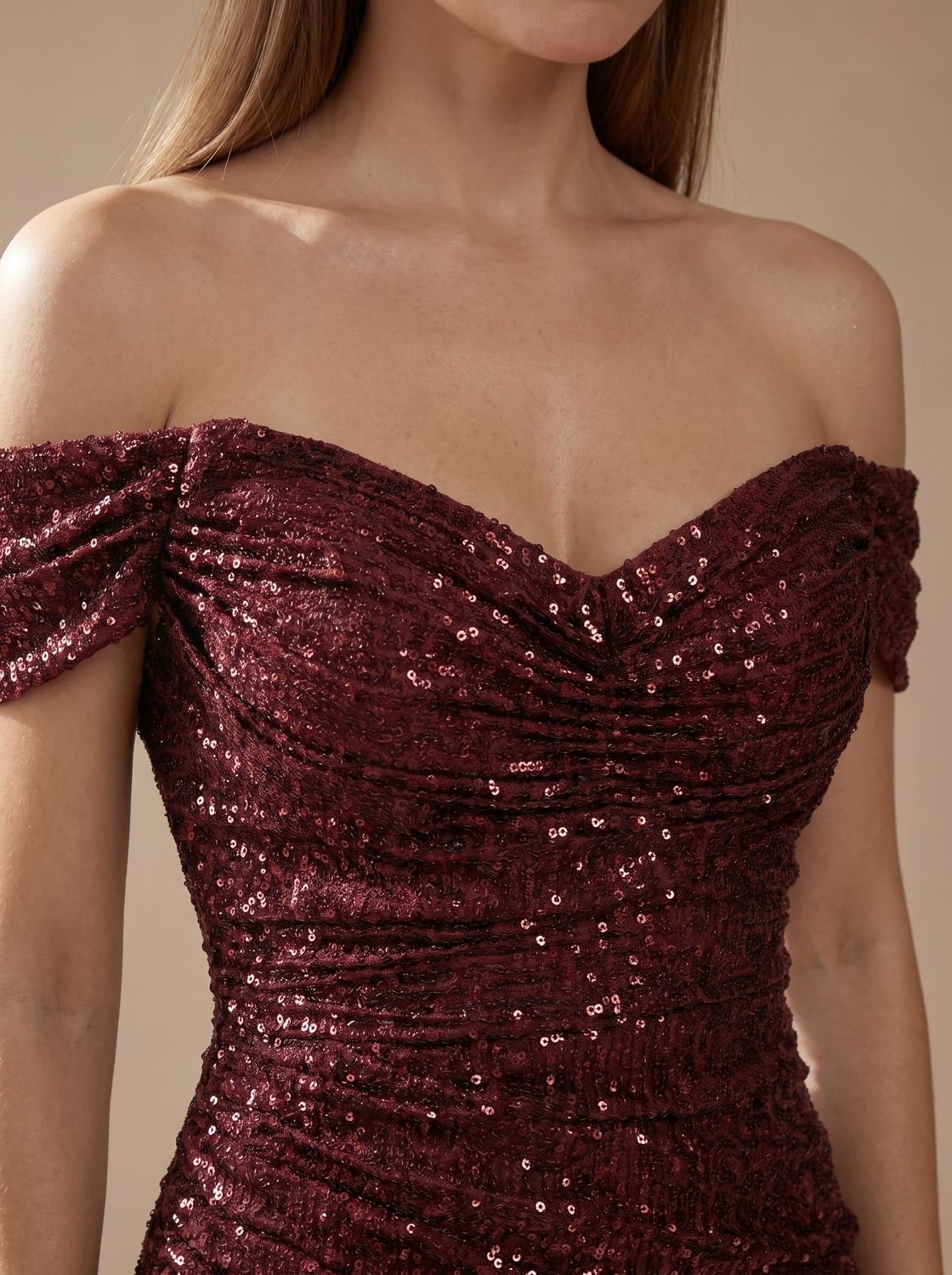 Women's Off-Shoulder Sequin Maxi Christmas Party Dress with Side Slit