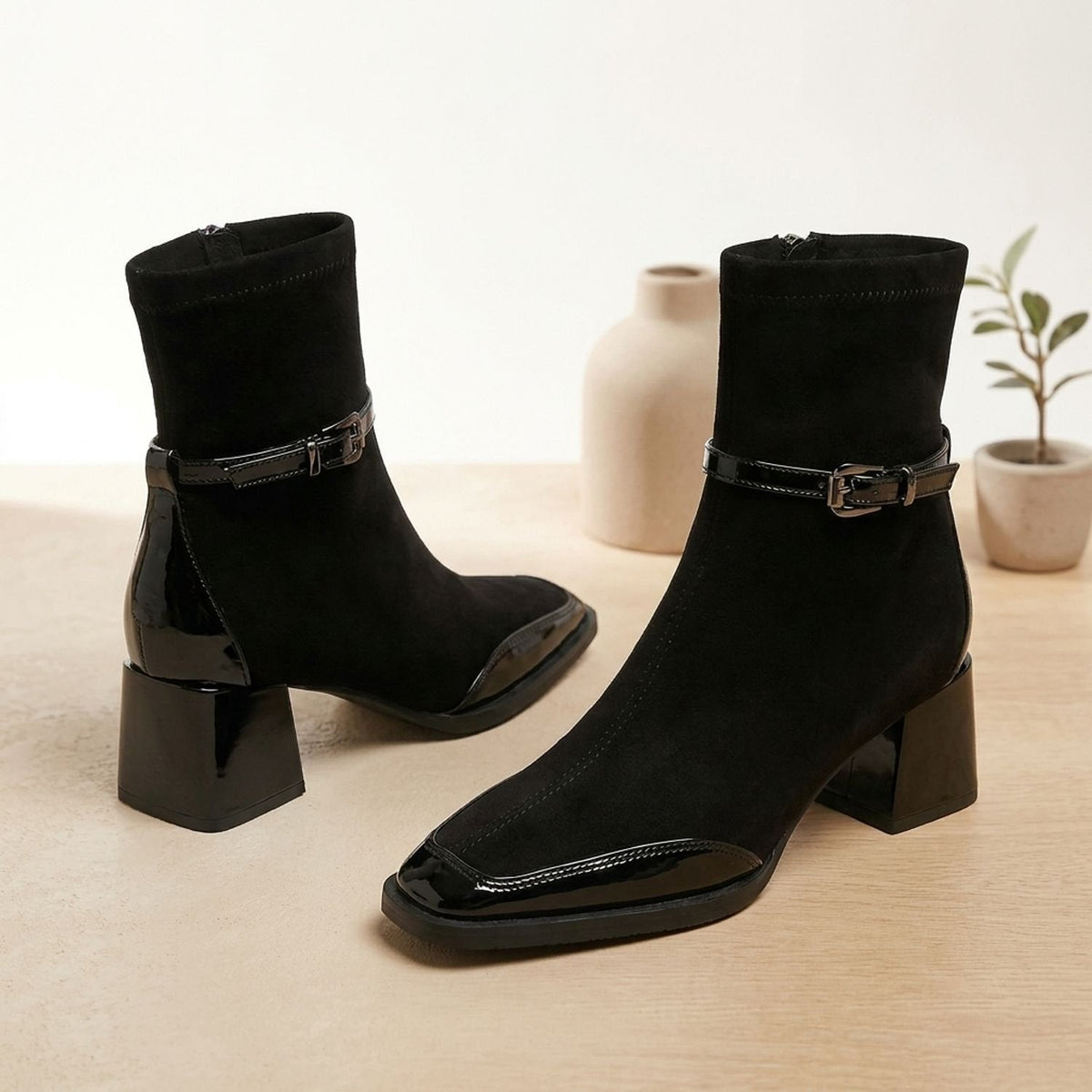 Women's Orthopedic Square-Toe Suede Ankle Boots with Buckle and Block Heel