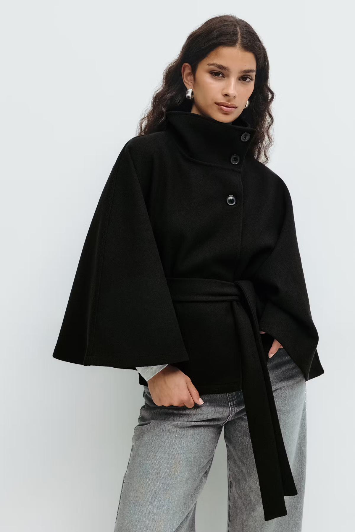 Women's Wool-Blend Cape Coat | High Collar & Tie Belt | Regular Fit Buttoned Coat for Autumn & Winter