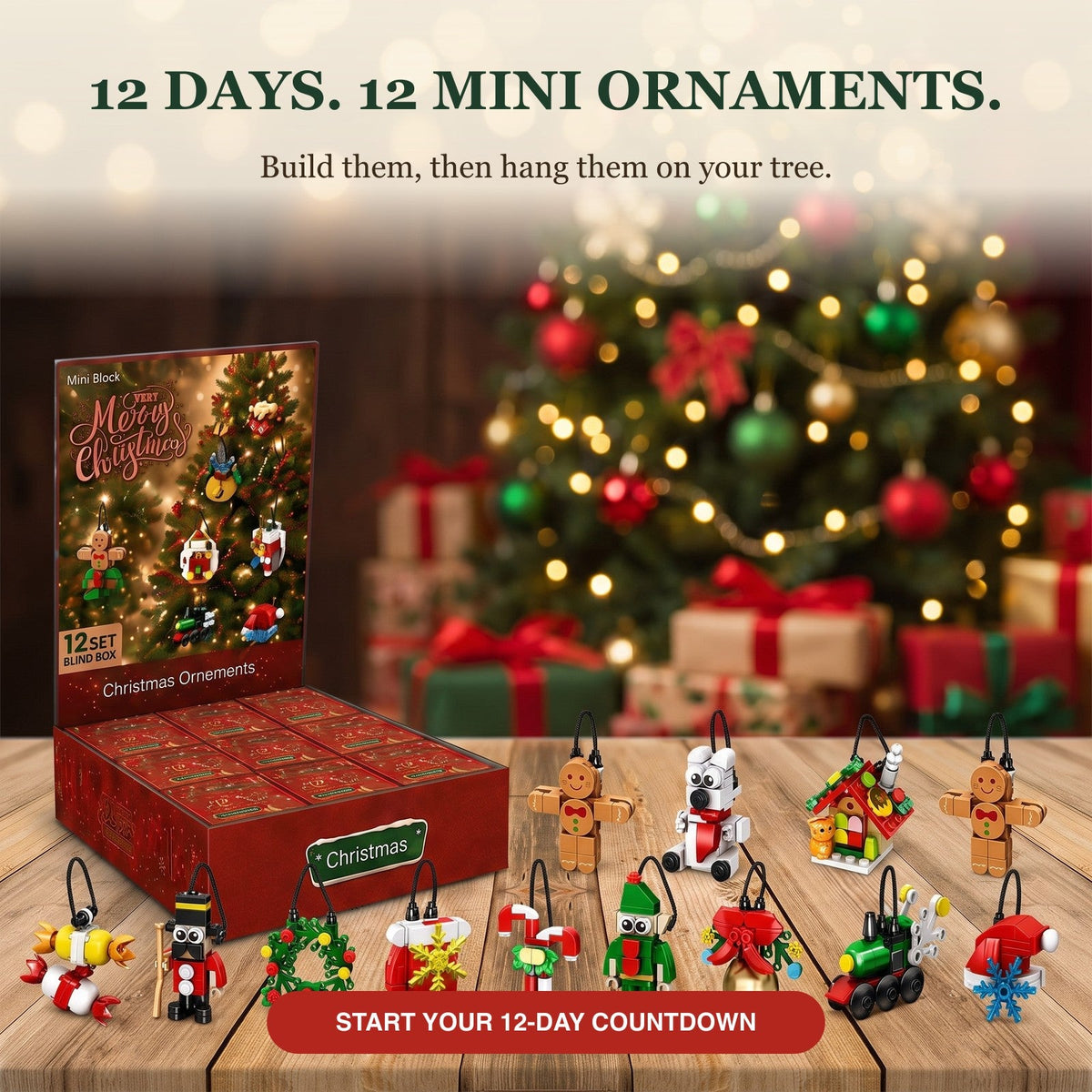 12-Day Christmas Mini Ornament Advent Calendar, Brick Blind Box Set in Red or Pink