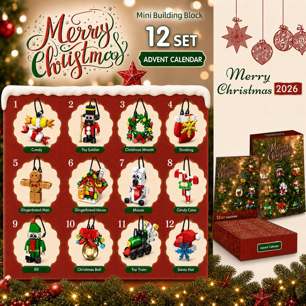12-Day Christmas Mini Ornament Advent Calendar, Brick Blind Box Set in Red or Pink