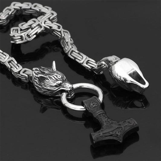 60–90 cm Stainless Steel Double Wolf Head & Mjolnir Survival Spirit Necklace/Bracelet