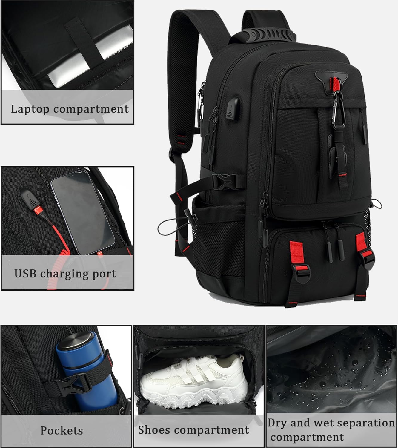 60L Waterproof Travel Laptop Backpack with USB Port & Shoe Compartment