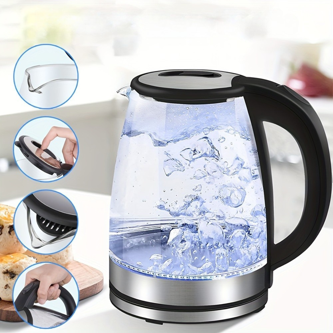 AquaElegance Luxury Glass Electric Kettle | Rapid Boil 2L with LED Light, Automatic Shut-Off and Dry Boil Protection for Safe and Stylish Use in the Kitchen