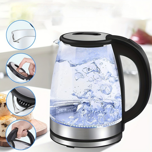 AquaElegance Luxury Glass Electric Kettle | Rapid Boil 2L with LED Light, Automatic Shut-Off and Dry Boil Protection for Safe and Stylish Use in the Kitchen