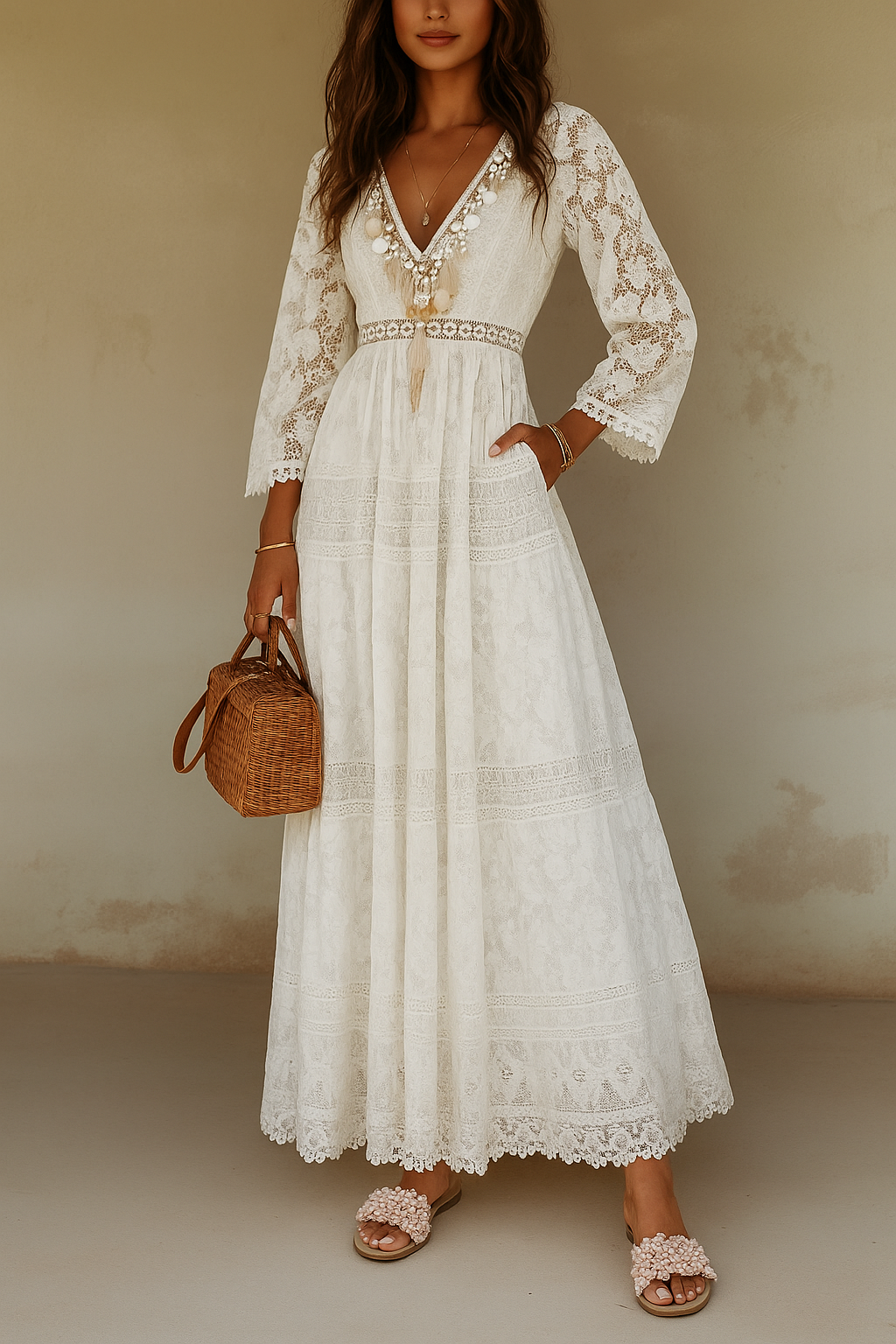 Image of Beverly | Women's V-Neck Lace Maxi Dress