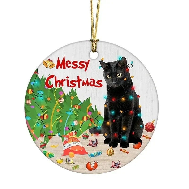 Black Cat Acrylic Disc Christmas Tree Ornament