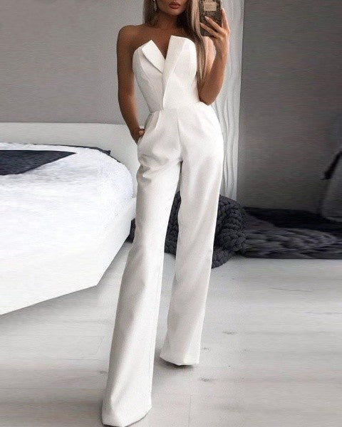 Image of Bonnie | Women's Strapless V-Neck Wide Leg Jumpsuit